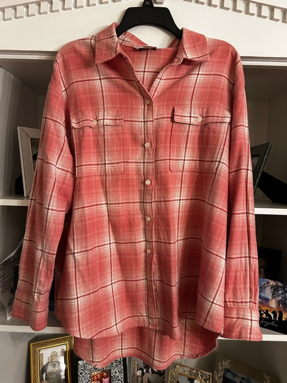 Old Navy Coral and White Plaid Boyfriend Shirt